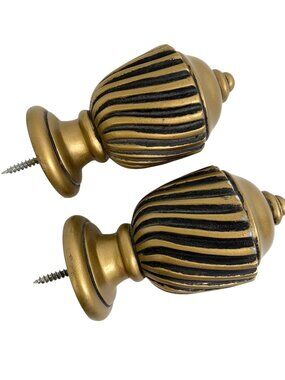 Set Of 2 Vintage Gold Solid Fluted Acorn Wood Drapery Rod Finials Screw-In